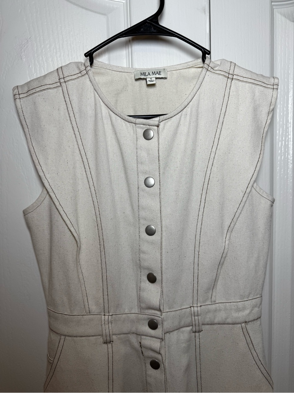 Mila Mae Beige Cotton Denim Button Front Mini Dress Cream Sleeveless Size S - Picture 5 of 9